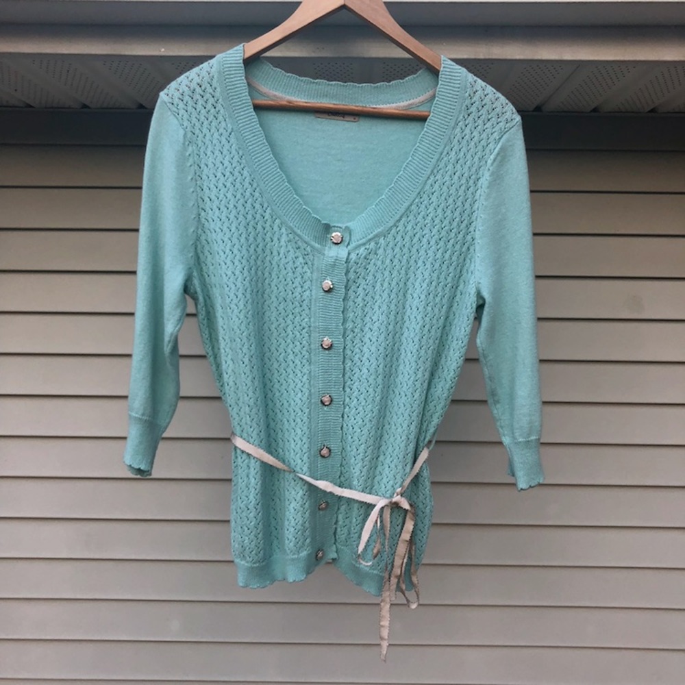 Baby Blue Cardigan w/ White Rose Buttons